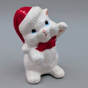Vintage Fluffy White Cat | Kitten Figurine with Red Santa Hat & Bow